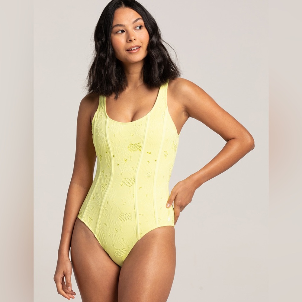 NWT HURLEY Max Crochet One Piece Swimsuit, Size Large, Lemon/Yellow Summer Water
